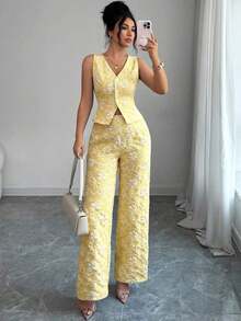 Conjunto de 2 piezas de chaleco y pantalones azules, con estampado de margaritas africanas, jacquard en relieve, elegante y casual para uso diario y de oficina, para mujer - Amarillo claro - Ver 4