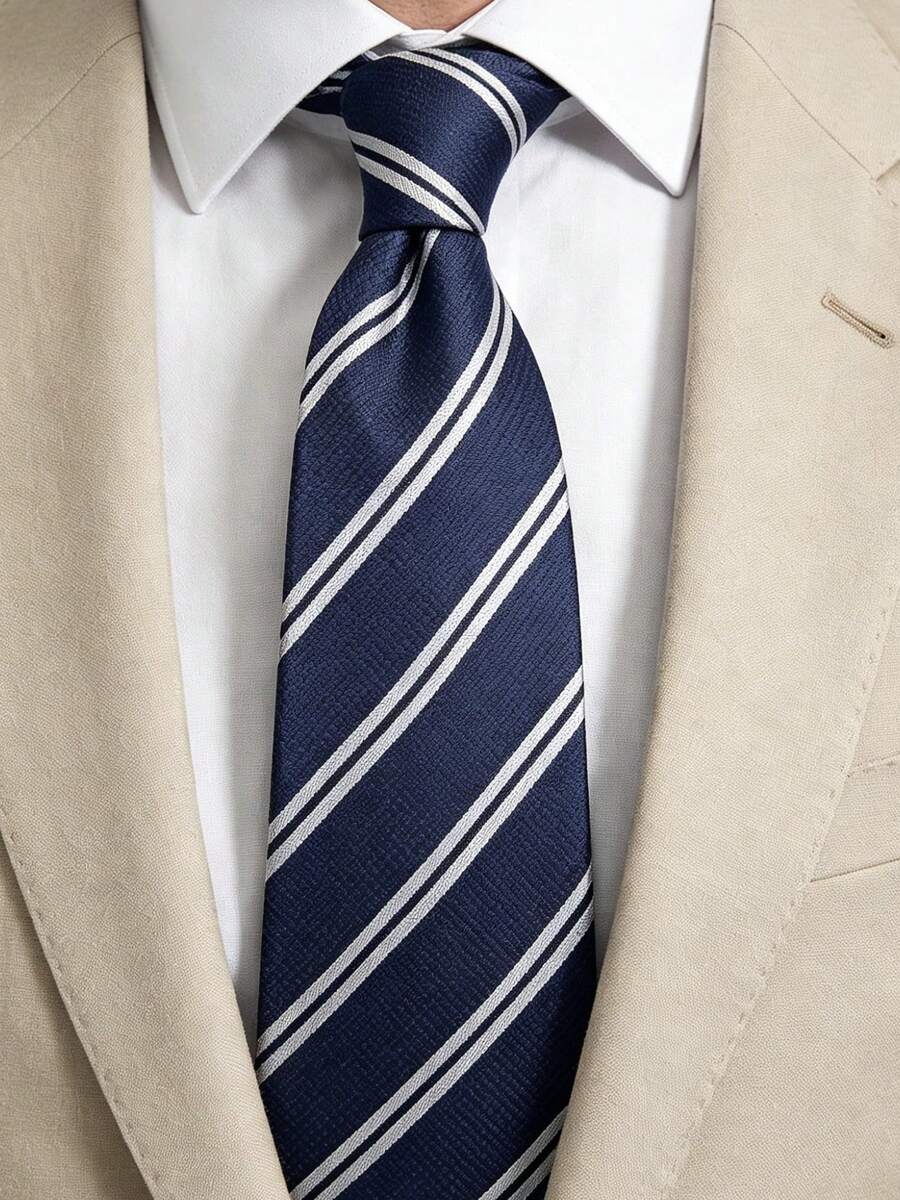 1pc Men's Red Striped Polyester Necktie, Academic Style Student Uniform, Groom Shirt Accessory, Hand-Tied - Navy Blue and White Stripes - View 1