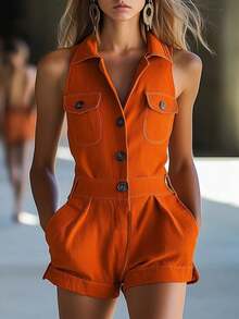 New Summer Women's Short Jumpsuit, Fashionable, Cowboy Style, Sleeveless, V-Neck, Button Front, Flattering Design, Perfect For Casual And Daytime Looks - Orange-red - View 14
