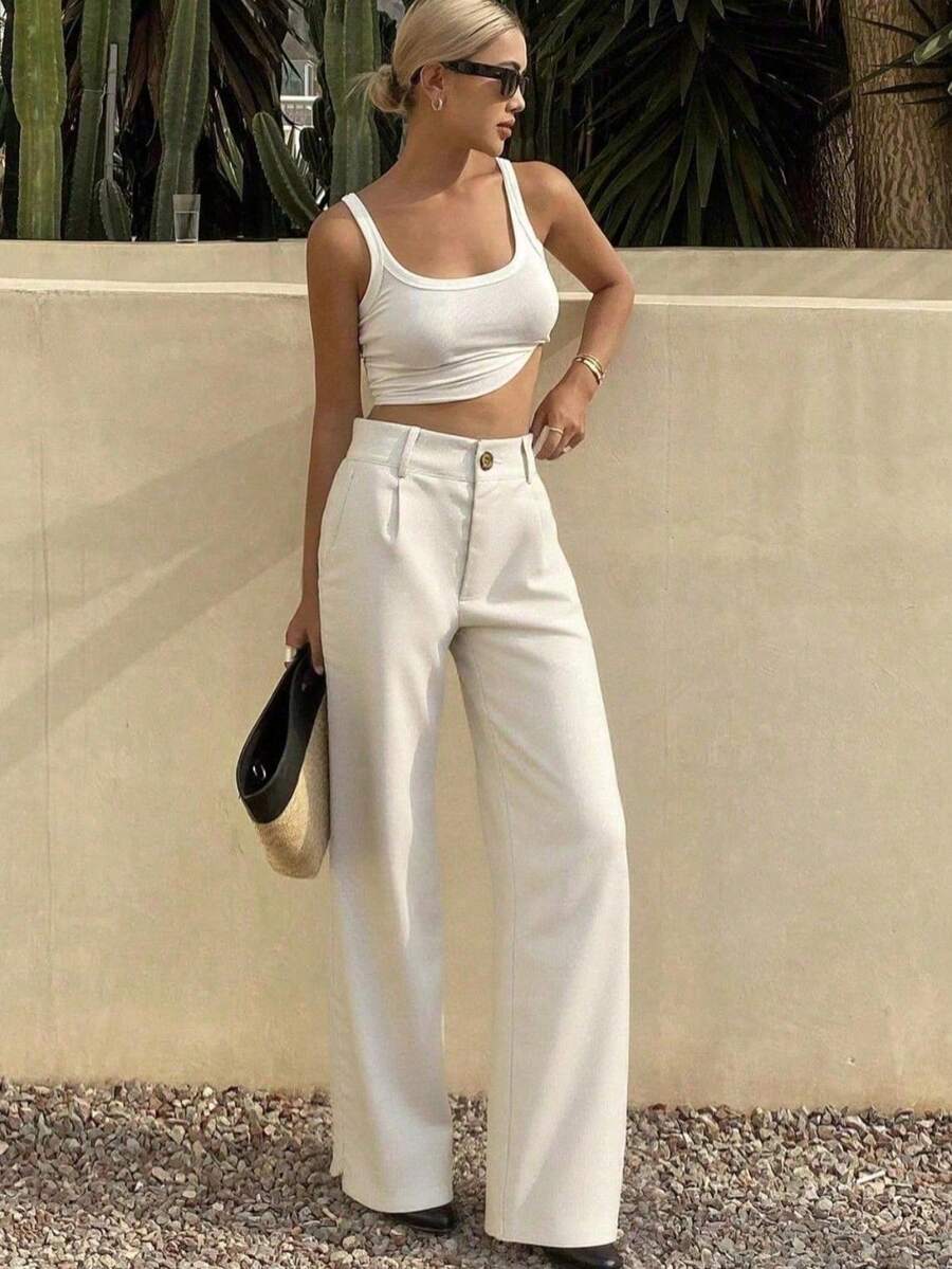 Women's Lightweight Linen Wide-Leg Pants, Loose Fit And Breathable - 杏色 - 查看 1