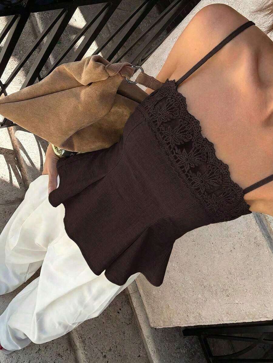Camiseta de tirantes de verano para mujer, de estilo casual y vacacional, de unicolor minimalista con volantes, bordados y paneles de malla - Marrón - Ver 1