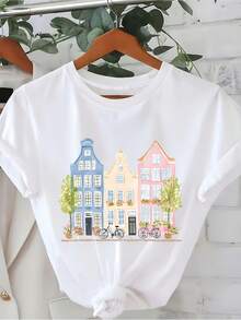 Summer New Arrival Watercolor European Street View Print White Cotton Casual Round Neck Short Sleeve T-Shirt Women's Fitted Short-Sleeve Tee With Fun Graphics, Perfect For Everyday & Casual Work Looks - 白色 - 查看 1