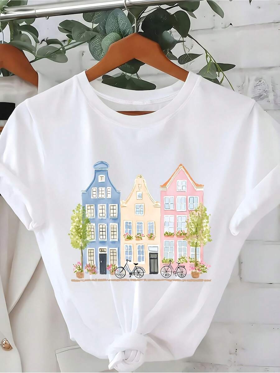Summer New Arrival Watercolor European Street View Print White Cotton Casual Round Neck Short Sleeve T-Shirt Women's Fitted Short-Sleeve Tee With Fun Graphics, Perfect For Everyday & Casual Work Looks - 白色 - 查看 1