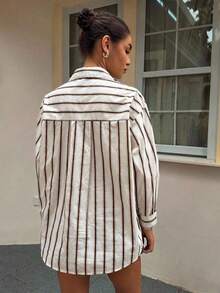 Camisa casual y holgada con rayas de efecto de dos piezas para mujer - Caqui - Ver 2