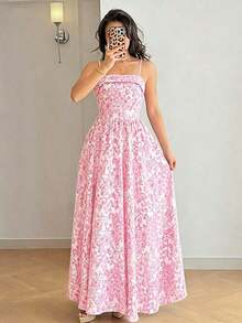 Raffinéa Vestido casual largo con estampado floral de porcelana azul y blanco, con tirantes finos y espalda descubierta que cintura la cintura, elegante para primavera/verano y vacaciones - Rosa - Ver 6