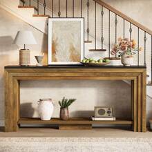LITTLE TREE 180cm Slim Farmhouse Console Table, 2-Tier Wooden Storage Sofa Table For Hallway & Living Room - Brown - View 2