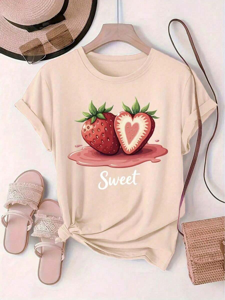 Gift Plus Size - Plus Size - Women's Short Sleeve Crew Neck T-Shirt With Strawberry Print, Casual Style For European And American Fashion, JerseySoft - 杏 - 查看 1