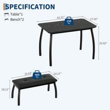 Dining Table With 2 Upholstered Benches - 3 Pcs Industrial Dining Table Set, Ideal For Dining Room, Kitchen, Studio, Restaurant - Black - View 2