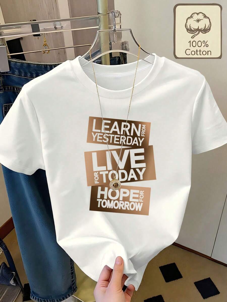 Camiseta 100% con estampado "APRENDE DE AHYE, VIVE EL HOY, ESPERA EL MAÑANA", cuello redondo, manga corta, ropa de verano, cómoda y transpirable para uso diario, ropa de verano para mujer - Blanco - Ver 1