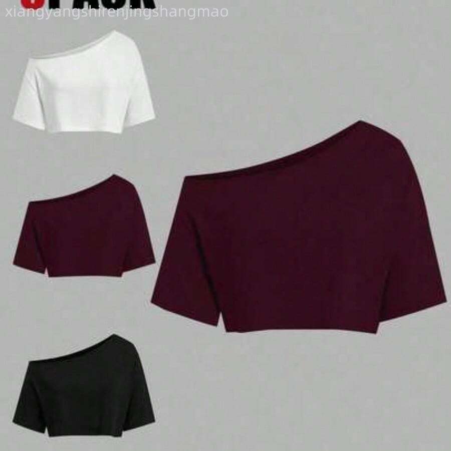 Plus Size 3 PiecesShort Sleeve T-Shirt Set, Black-White-Grey, Summer, Shoulder Cut-Out - Multicolor - Ver 1