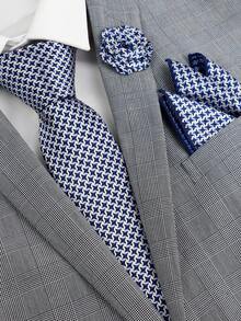 ZLQ&GOU 3 PCS Blue Asymmetric Pattern Men's Tie Set, Star Jacquard Includes Tie, Pocket Square, Boutonniere, Party Formal Wear Holiday Gift - Blue - View 1