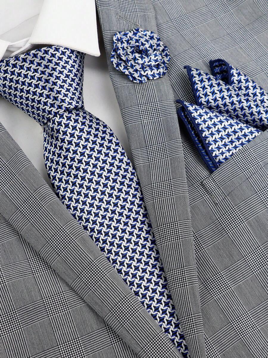 ZLQ&GOU 3 PCS Blue Asymmetric Pattern Men's Tie Set, Star Jacquard Includes Tie, Pocket Square, Boutonniere, Party Formal Wear Holiday Gift - Blue - View 1