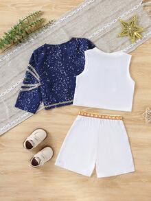Conjunto de 3 piezas de chaqueta + chaleco + pantalones cortos con estampado de cielo estrellado para niñas, atuendo para actuaciones en el escenario - Azul Marino - Ver 5