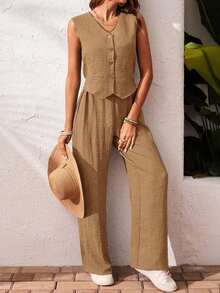 Frenchy Set de 2 piezas para mujer de top sin mangas y pantalones de estilo casual con un solo botón, para verano - Camel - Ver 4