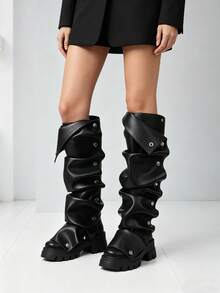 Women's Ruched Slouchy Knee High Boots Chunky Heels Round Toe Pull On Detachable Buckle Party Dress Sexy Shark Boots Woman - Black B - View 6