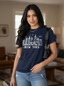 Women's T-Shirts With New York And Paris Print, Classic Short Sleeve Cut, Soft And Lightweight Fabric, Casual Urban Style, Comfortable And Versatile For Daily Looks And Modern Outfits. - 藍色 - 查看 3