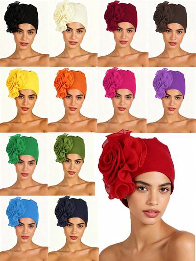 Elegant Solid Color Floral Headscarf Cap, Women's Chemo Cap, Sleep Cap, Headwrap