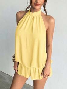 casual de verano para mujer con cuello halter, unicolor y volantes en el bajo - Amarillo claro - Ver 6