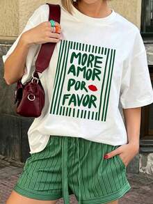 1 pieza Camiseta de mujer de manga corta y cuello redondo, suelta para el verano, con estampado de rayas verticales "talla grande AMOR POR FAVOR", adecuada para vacaciones, oficina, salidas, - Blanco - Ver 2