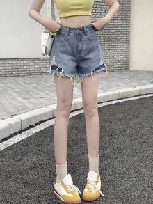 Women Casual Frayed Hem Denim Shorts For Spring Summer Jorts - Lavado medio - Ver 7