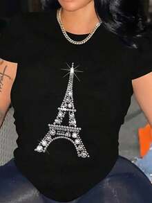 Camiseta con estampado de Paris     Casual    Poliéster    Ninguno    moda para mujer  Casa    primavera verano NP58 - Negro - Ver 1