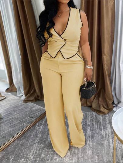 Conjunto de 2 piezas de verano para mujer con tirantes de contraste tejidos, top sin mangas de cuello en V y pantalones anchos de pierna casual con bolsillo con cremallera, traje deportivo