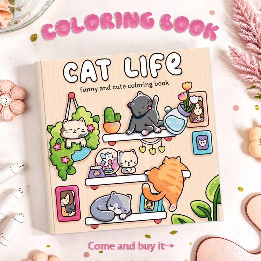 全新42页猫咪生活涂色书，猫咪爱好者和艺术家的福音！书中描绘了可爱猫咪的温馨场景，是成人减压的理想之选。适合作为毕业礼物、返校礼物，线条清晰，设计精美，可用于文具、学习用品等。也是送给女孩、婚礼、母亲节的完美礼物。