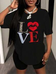 1 pieza de ropa de mujer para el Día de San Valentín, camiseta negra con estampado de corazón de leopardo, camisas, top blanco, camisetas gráficas para mujer, camiseta unisex casual de cuello redondo, tejido de punto ligero de 220 g/m², lavable a máquina, para primavera/verano/otoño, Navidad, Día de San Valentín. - Negro - Ver 7