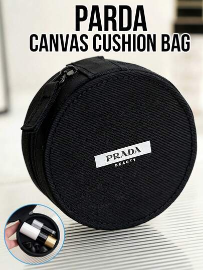  Prada Black Round Canvas Cosmetic Bag, Compact And Portable Storage Pouch, Spacious Interior Can Hold Lipsticks, Compacts And Small Daily Necessities, Durable Fabric, Lightweight Design, Ideal For Travel, Handbags And Daily Use, Multifunctional Storage Box, Perfect Gift For Prada Fans And Makeup Enthusiasts