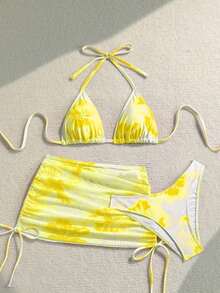Conjunto de traje de baño de vacaciones para mujer, conjunto de vacaciones de verano para mujer, conjunto de playa para mujer - Amarillo 2 - Ver 6