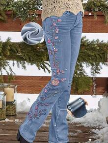Ladies' Elegant Combination Denim Bell Bottom Pants, Decorated With Floral Embroidery, Suitable For All Seasons, Suitable For Daily Outings, Back To School Season, Rural Concerts - Light Blue - View 1