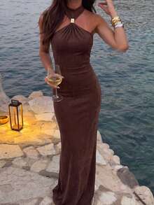 Elegantes ärmelloses braunes Kleid - Metalldekor Neckholder Stil, geeignet für Dates, Hochzeitsgäste, Sommerfeste, Urlaub - Braun - Übersicht 6