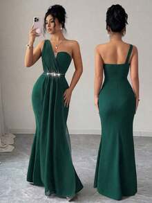 Elenzya Vestido elegante y romántico para mujer con escote asimétrico, cintura ceñida, bajo de cola de pez, decoración de perlas, adecuado para fiestas y reuniones - Verde Oscuro - Ver 1
