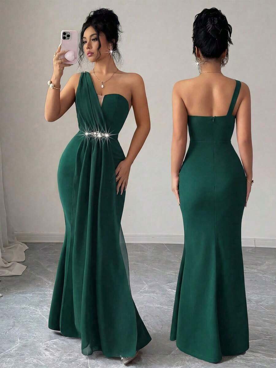 Elenzya Vestido elegante y romántico para mujer con escote asimétrico, cintura ceñida, bajo de cola de pez, decoración de perlas, adecuado para fiestas y reuniones - Verde Oscuro - Ver 1