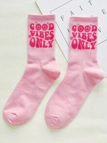1 Pair Women's Pink Letter & Cartoon Smiling Face Fashion Mid-Calf Socks, Soft Comfortable Breathable, Versatile For All Seasons, Casual, Sports, Street Wear, Suitable As Gifts - Multicolor - View 2