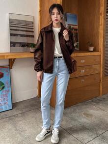 -Less Chaqueta de piel de imitación con bolsillos en ángulo, ropa de mujer de otoño - Marrón - Ver 5