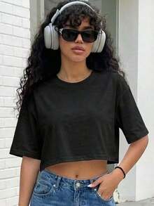 Blusa de mujer de cuello redondo, manga corta, holgada y casual, de estilo minimalista, elegante y sexy Y2K, adecuada para uso diario, oficina, hogar, exterior, primavera/verano - Negro - Ver 3
