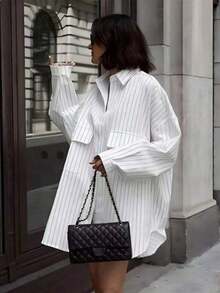 Camisa de manga larga a rayas de estilo casual para ir al trabajo con bolsillos grandes en blanco - Blanco - Ver 1