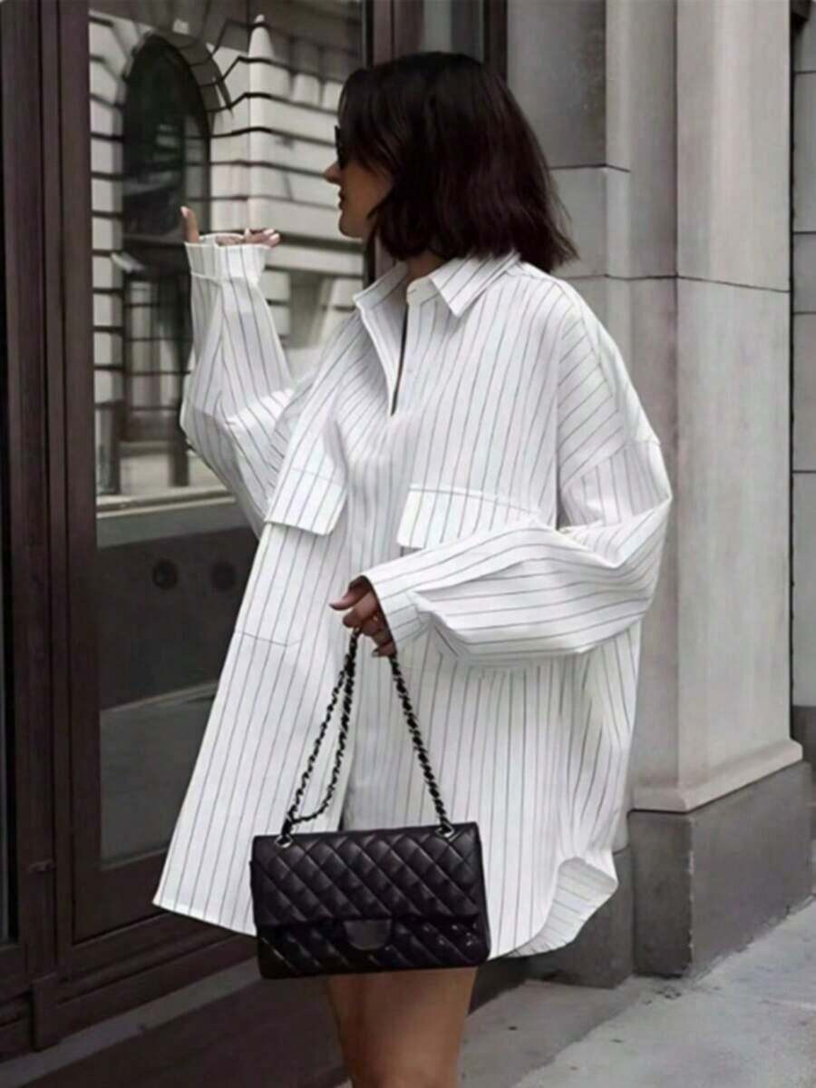 Camisa de manga larga a rayas de estilo casual para ir al trabajo con bolsillos grandes en blanco - Blanco - Ver 1