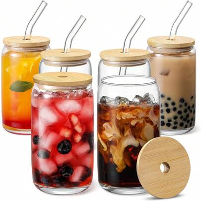 Bộ 6 ly thủy tinh borosilicate cao cấp KEMORELA kèm nắp tre và ống hút thủy tinh - Hoàn hảo cho cà phê đá, sinh tố, trà sữa trân châu, rượu whisky và nước lọc - Bao gồm 2 cọ vệ sinh.
