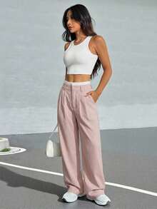 Pantalones anchos de mujer con pliegues y rayas, con cintura de bloques de color para otoño/invierno - Rosa Pálido - Ver 4