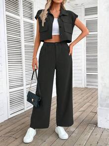2 piezas Conjunto de top y pantalones de verano de mujer con diseño de bolsillo y abotonadura sencilla - Negro - Ver 3