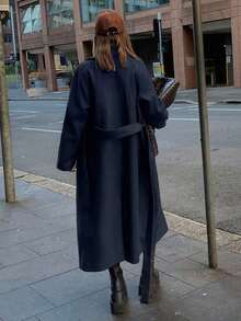 Abrigo de lana casual de unicolor con cuello de solapa y mangas raglán para mujer, otoño/invierno - Azul marino - Ver 2