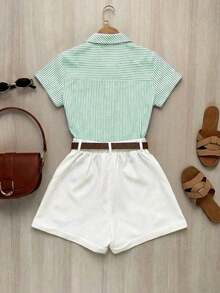 Conjunto de 2 piezas para mujer con bloqueo de color, cuello a rayas, cintura plisada y mangas cortas - Verde - Ver 2