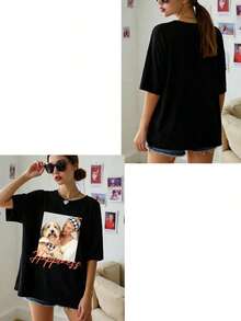 Women's Y2K Style Custom Loose Fit T-Shirt, Upload Your Selfie/Friends/Pets/Family Photo, Enter Your Text/Blessing/Name/Meaningful/Funny Text, Casual Black Crew Neck, Short Sleeve, Oversized, Summer, Holiday Gift, Valentine's Day Gift, Music Festival Merchandise, Special Gift, Creative Gift, Couple/Best Friend Matching, Teamwork, Corporate Customization, One Of A Kind - 黑色 - 查看 3