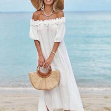 Swim Vcay Women's Ruffled Off Shoulder Mid-Calf Beach Dress, Sexy Beach Dress, Lantern Sleeve Wedding Guest Slit Flowing Dress For Summer Beach Vacation - Azul Cadete - Ver 2