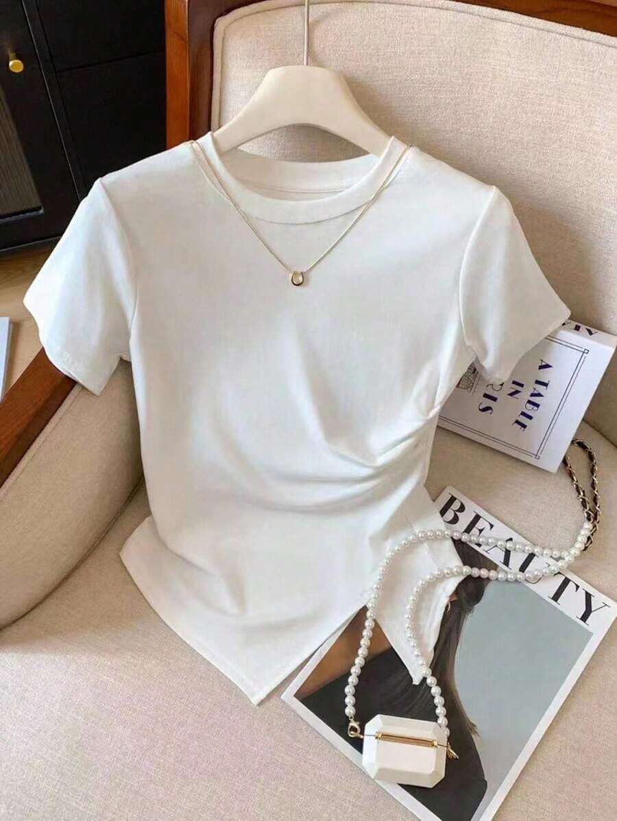 Camiseta de manga corta de cuello redondo con bajo asimétrico de unicolor minimalista, para verano - Blanco 3 - Ver 1