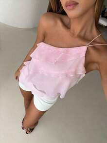 Nueva blusa elegante y romántica de primavera/verano para citas, Día de San Valentín, temporada de bodas, de gasa rosa con un hombro, espalda descubierta, volantes en capas, blusa sexy con volantes para la playa, atuendo de boda, camisa rosa elegan - Rosa - Ver 9