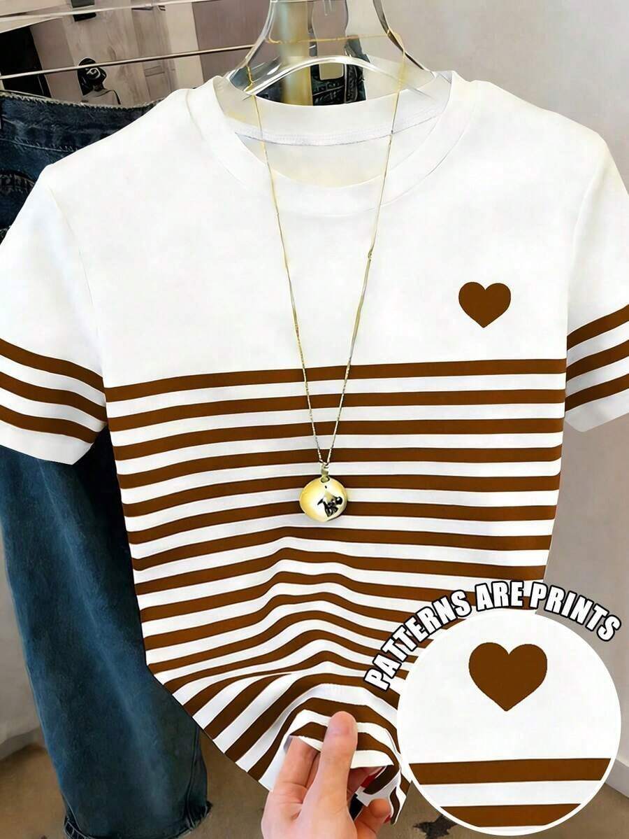Camiseta de manga corta con cuello redondo y lazo a rayas, de estilo casual para el verano - Multicolor 7 - Ver 1