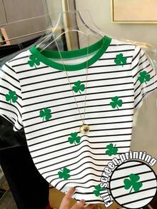 Camiseta de manga corta de cuello redondo con estampado de corazón a rayas, versátil y casual para ir al trabajo - Multicolor 3 - Ver 1